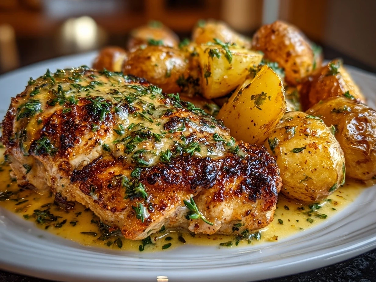 Close-up slight angle of homemade Chicken and Potatoes Dijon Sauce recipe on white plate