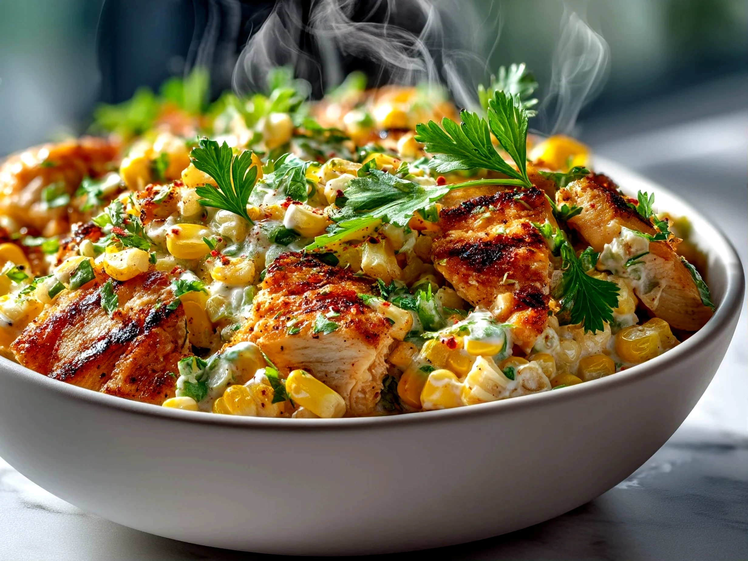Colorful Mexican Street Corn Chicken Salad bursting with fresh ingredients