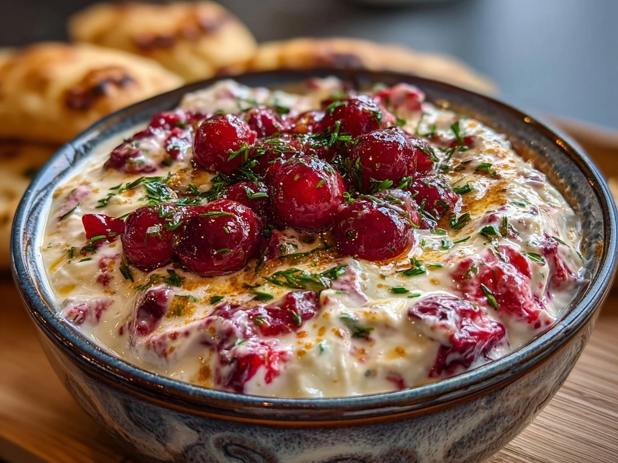 Served bowl of finished Cranberry Jalapeño Dip with fresh ingredients on the side