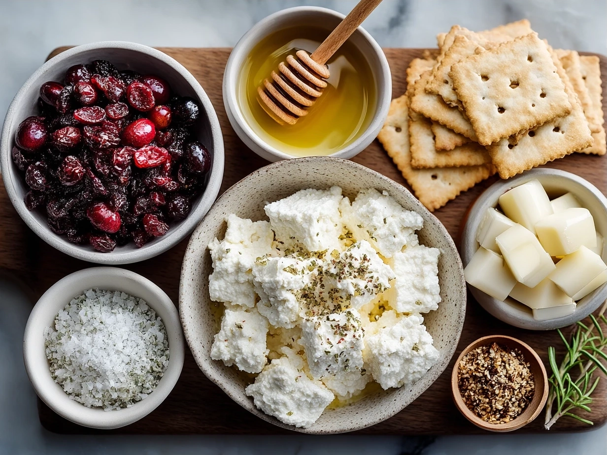 Ingredients for Cranberry Whipped Feta Dip with Crackers arranged on a kitchen counter