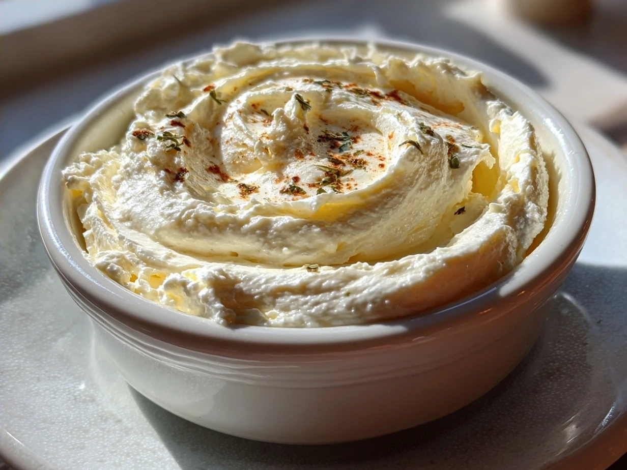 Final creamy horseradish sauce served in a small bowl garnished with fresh herbs