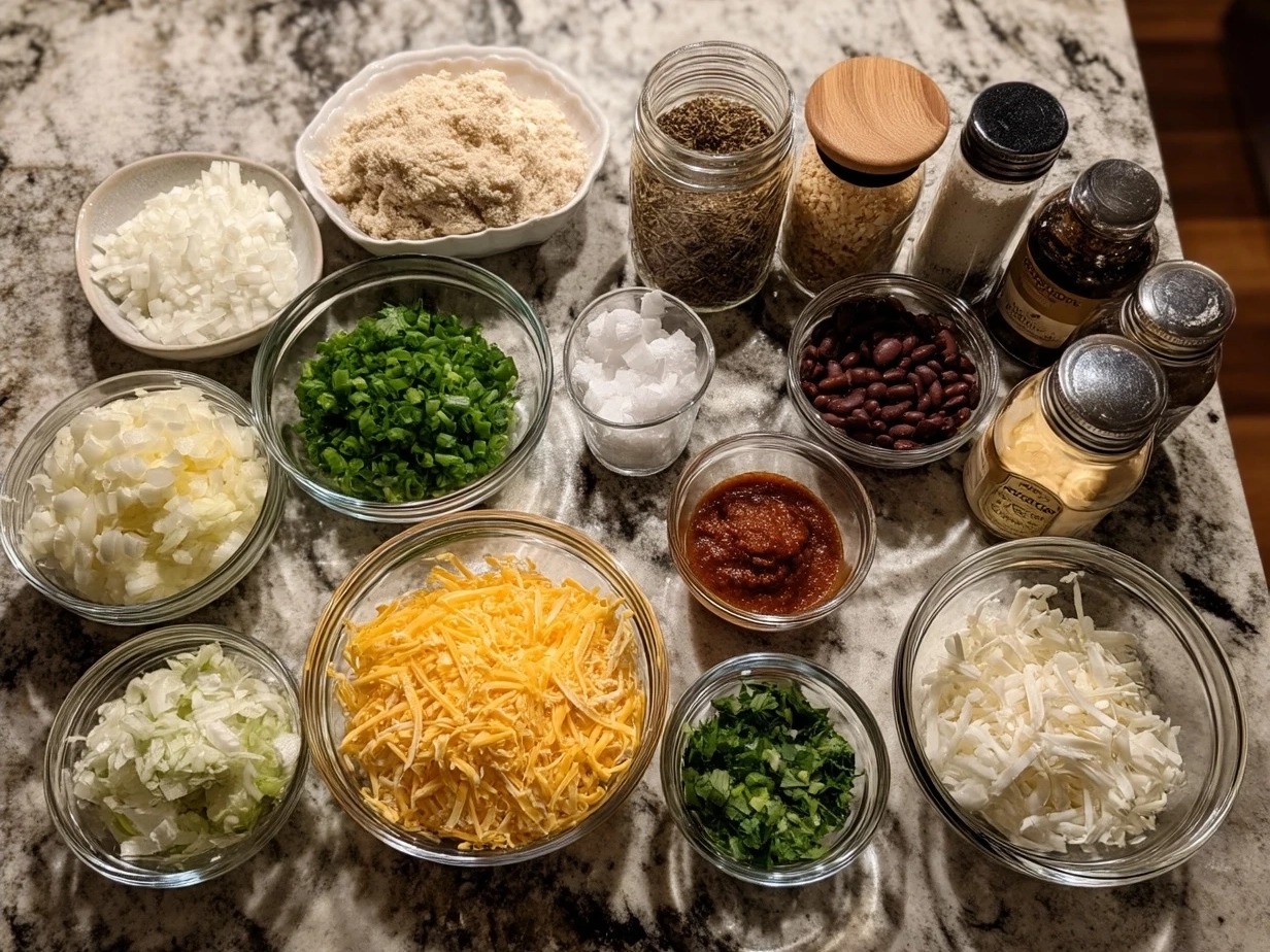 Ingredients for Crockpot Chicken Enchilada Casserole neatly arranged on a kitchen counter