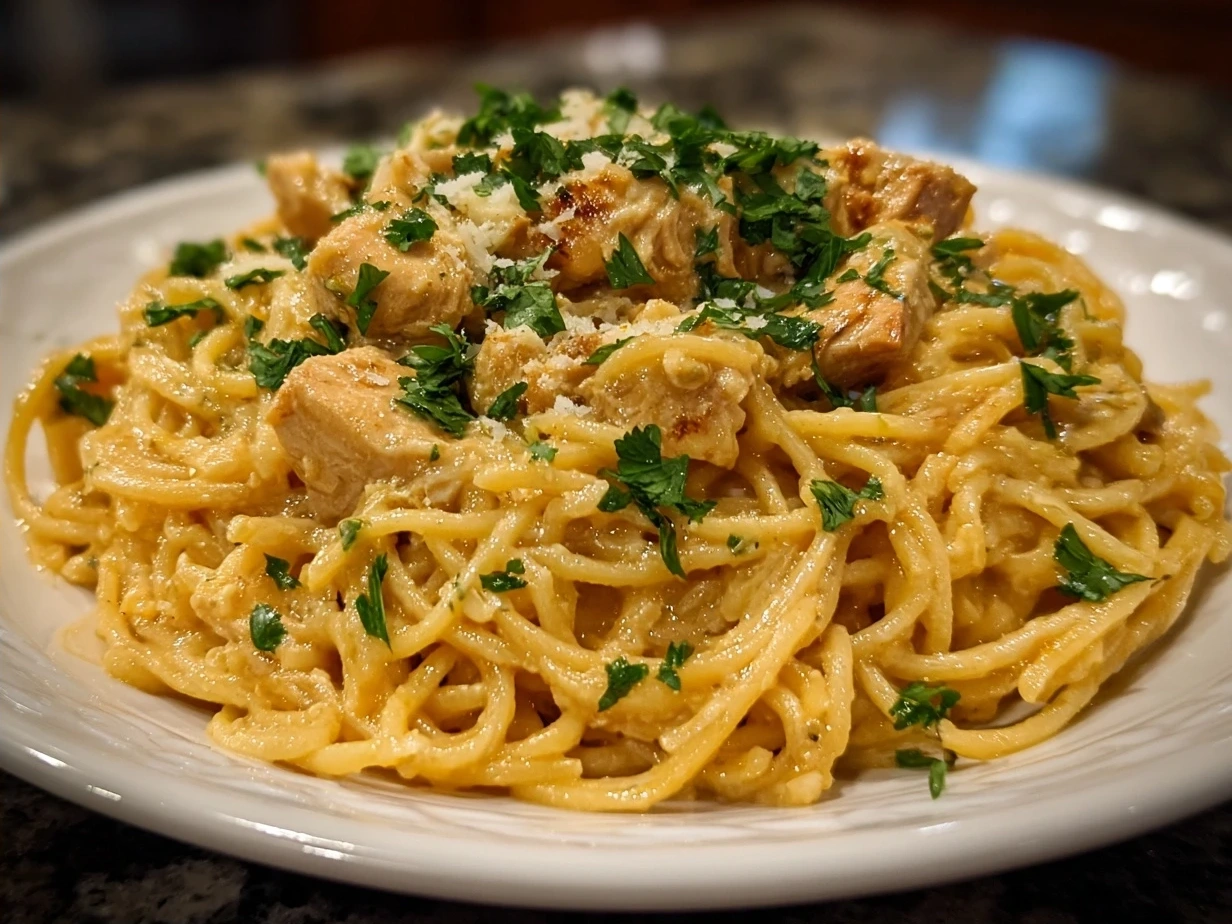Creamy Crockpot Chicken Spaghetti served in a white dish