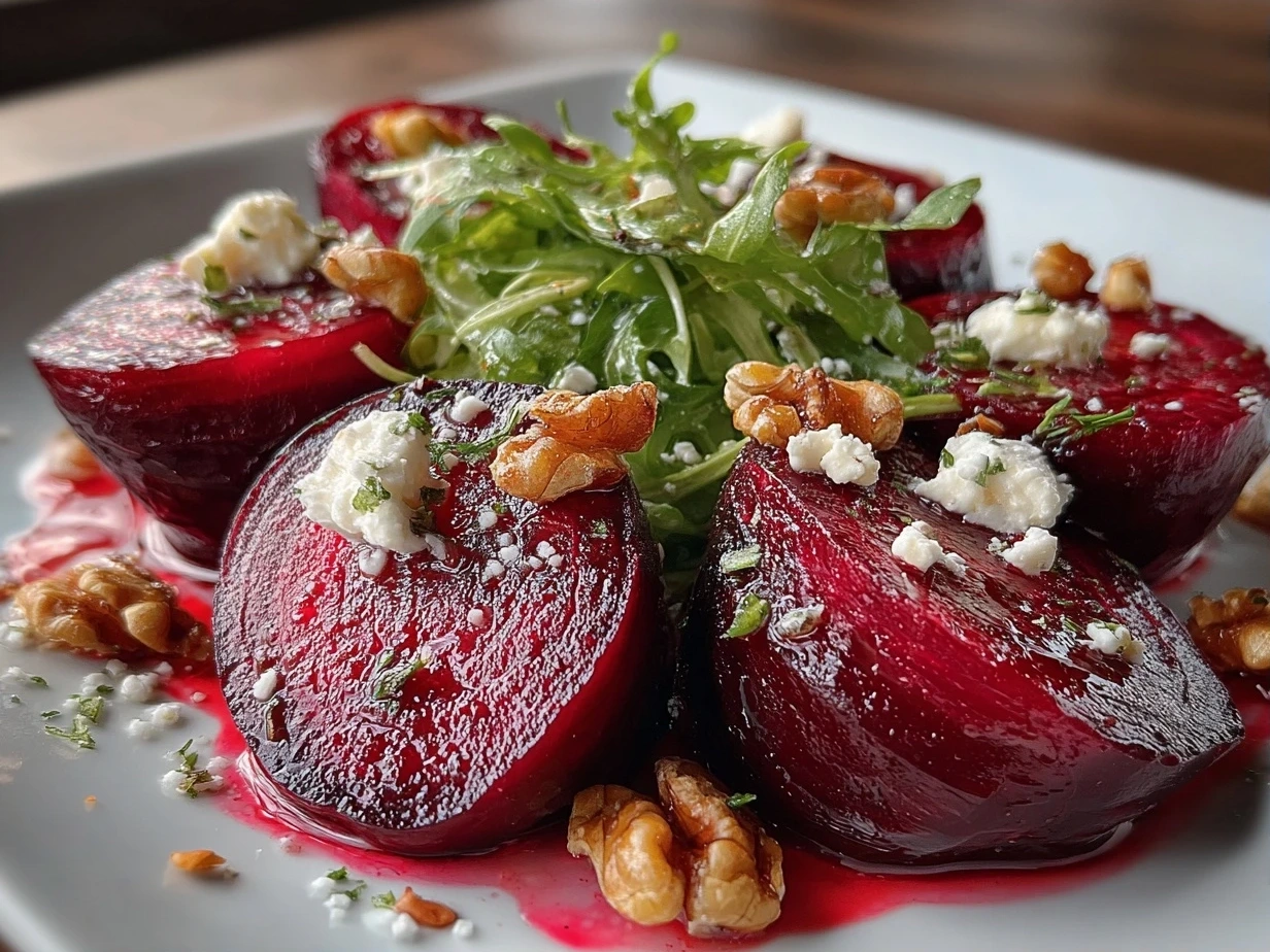 Close-up of a vibrant and delicious beet salad, showcasing the colorful beets, goat cheese, and nuts.