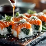 Delicious homemade rice sushi with smoked salmon and avocado