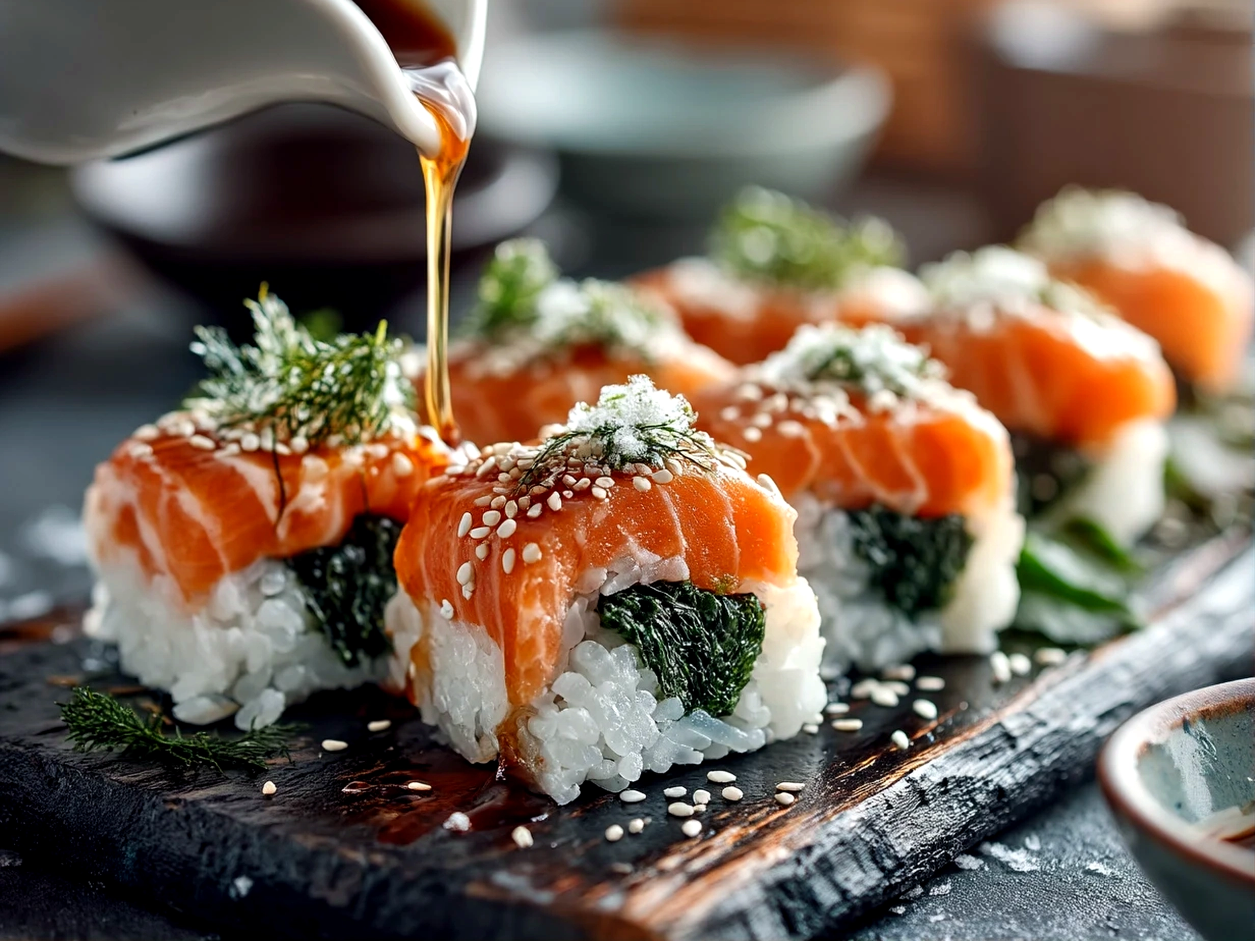 Delicious homemade rice sushi with smoked salmon and avocado