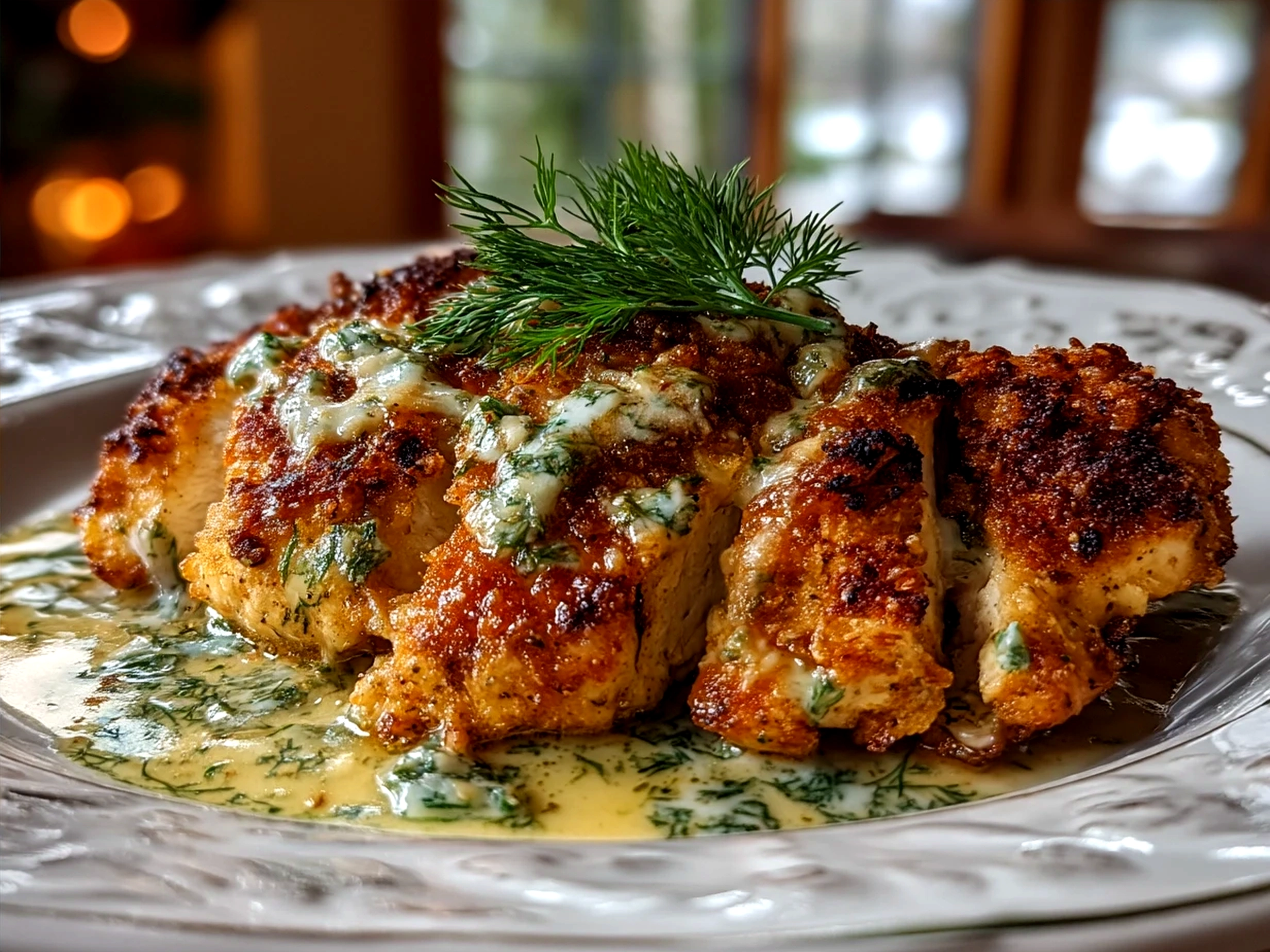Plated Dill Pickle Parmesan Chicken served with sides ready to eat