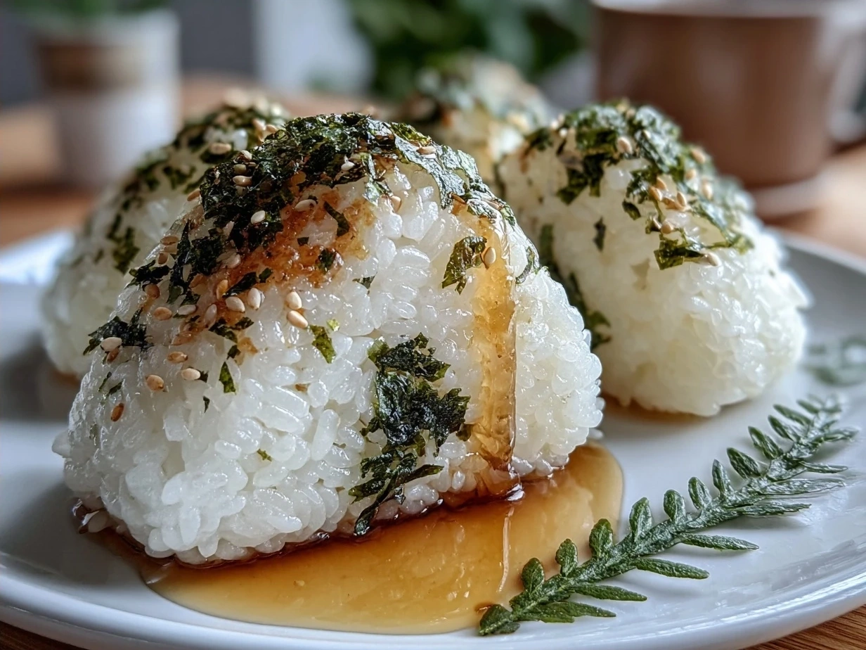 Delicious Easy Yaki Onigiri served on a plate with dipping sauce.