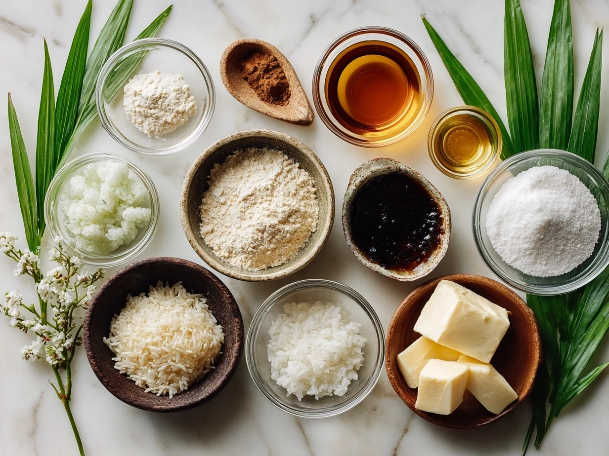 Ingredients for Easy Yaki Onigiri: cooked Japanese short-grain rice, soy sauce, mirin, sesame oil, grated ginger, toasted sesame seeds, and nori seaweed sheets
