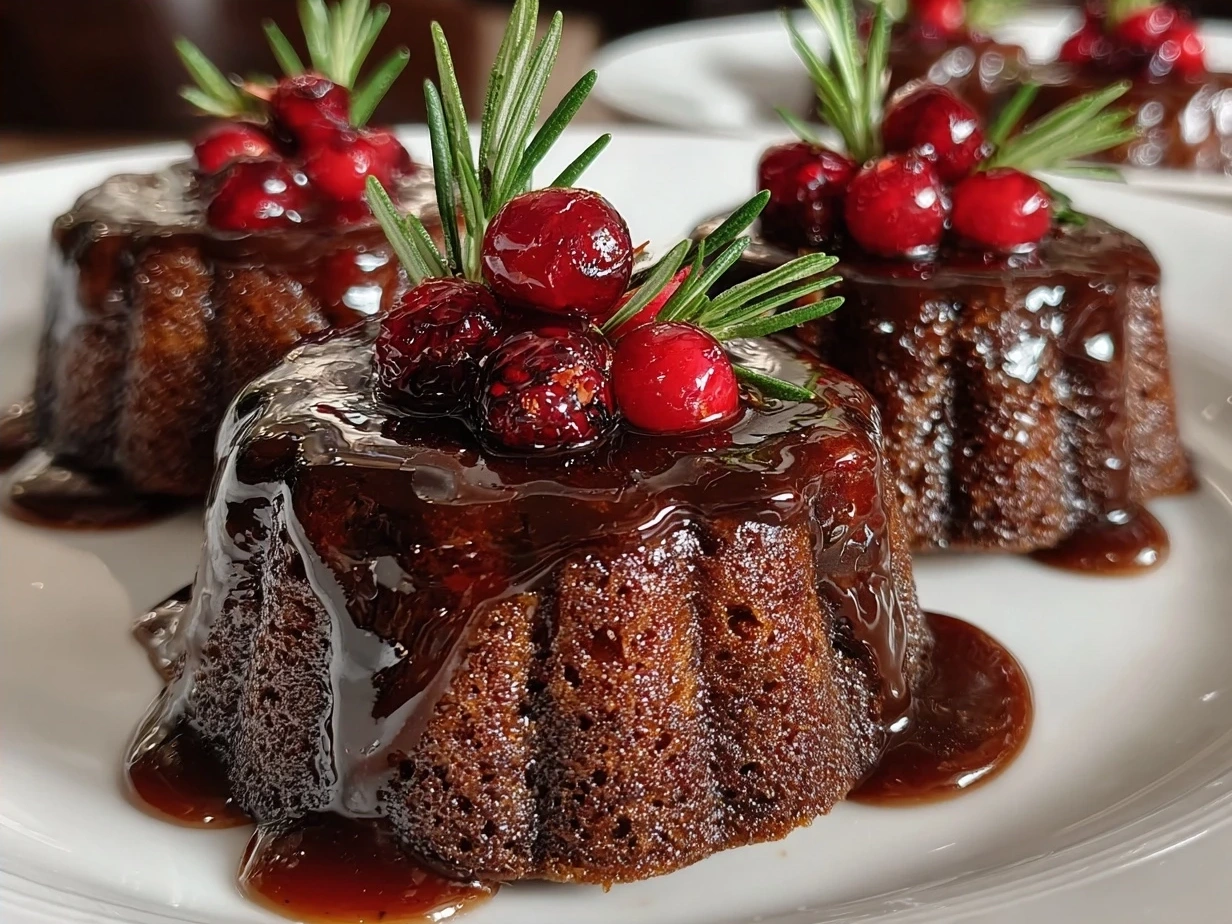 Finished Festive Mini Christmas Cakes with Ganache arranged on a festive plate, garnished beautifully