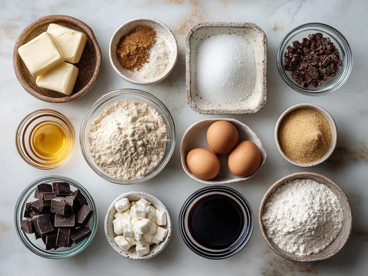 Ingredients for Festive Mini Christmas Cakes with Ganache laid out on a table, including dried fruits, spices, butter, eggs, flour, chocolate, and cream