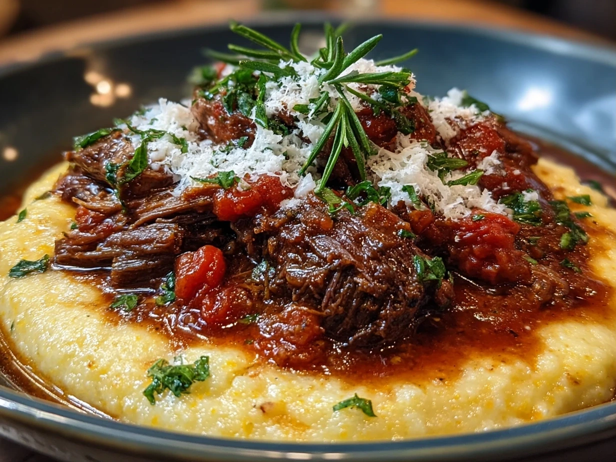 Close-up of finished Beef Short Rib Ragu with Creamy Parmesan Polenta showing rich sauce and creamy polenta