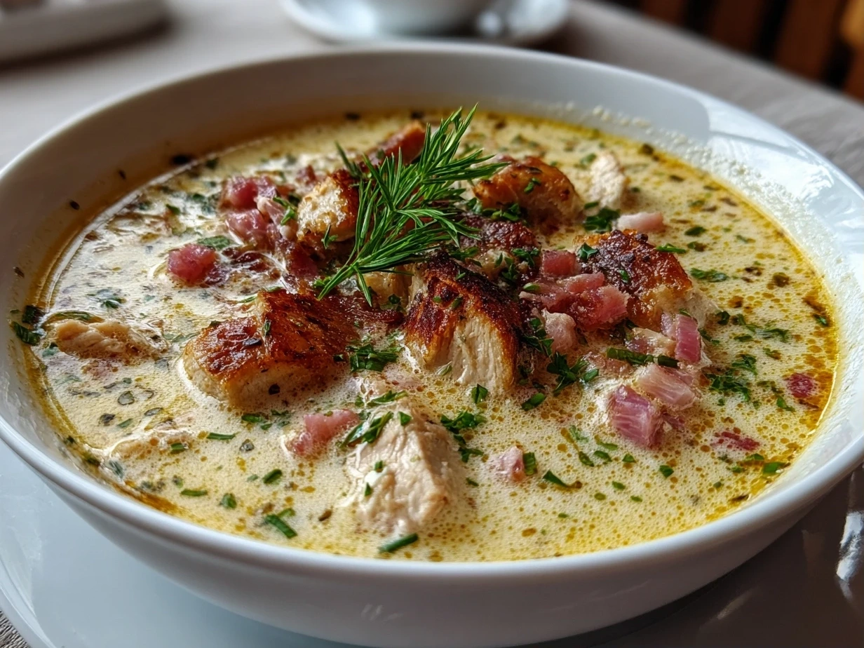 A finished bowl of Chicken Cordon Bleu Soup garnished with fresh parsley