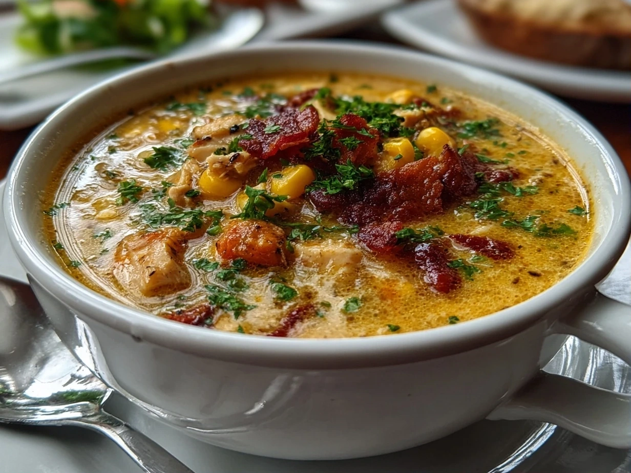 A finished bowl of Chicken Corn Chowder, showcasing its creamy texture and garnished with fresh parsley.