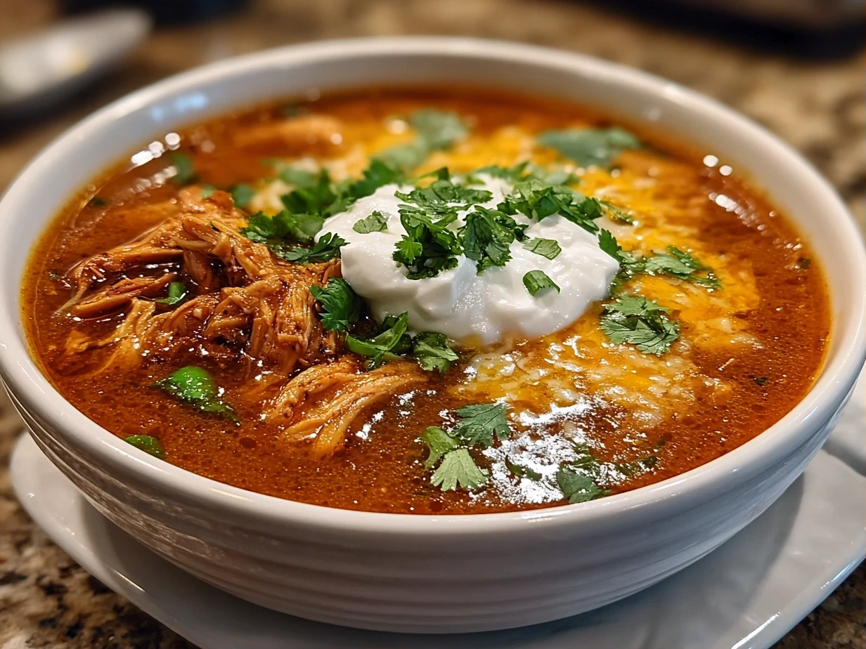 A finished bowl of Chilis Chicken Enchilada Soup, garnished with cilantro and other toppings.