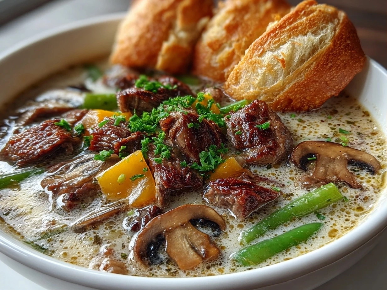 A delicious bowl of Philly Cheesesteak Soup, garnished with fresh parsley, showcasing its creamy texture and rich, cheesy goodness.