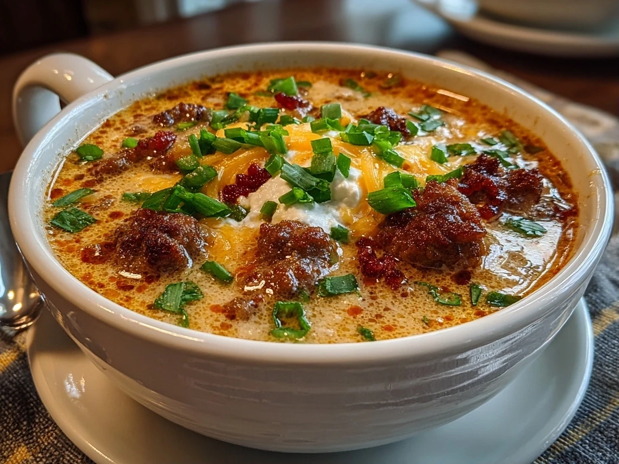 Close-up of finished Cheesy Hamburger Potato Soup with toppings.