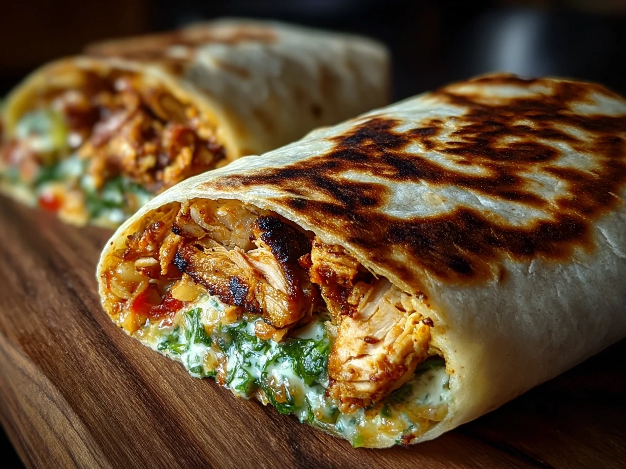 Close-up of finished Chipotle Ranch Grilled Chicken Burrito with melted cheese and fresh cilantro