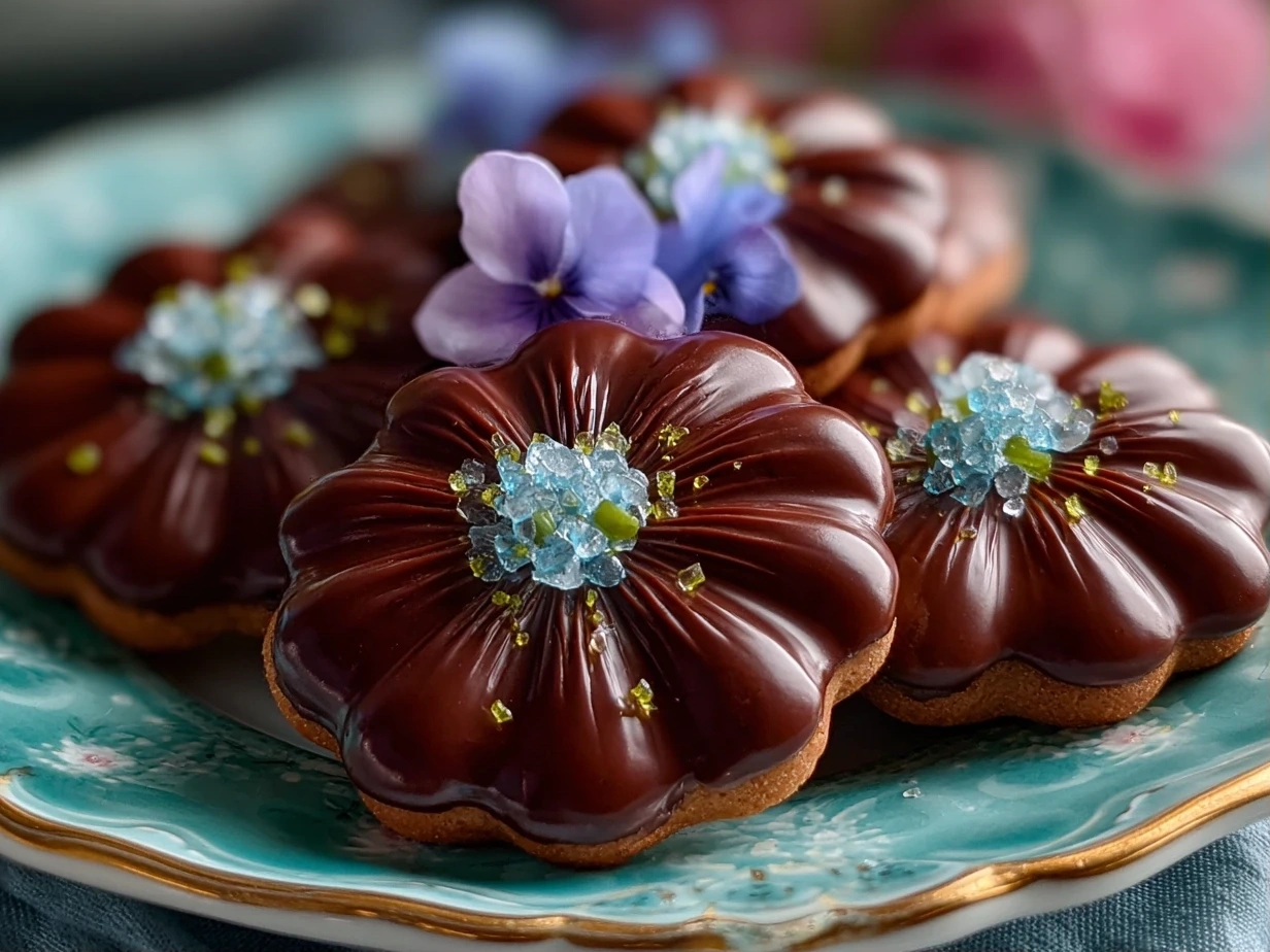 Close-up of freshly baked Chocolate Blossom Cookies with melted chocolate kisses in the center.
