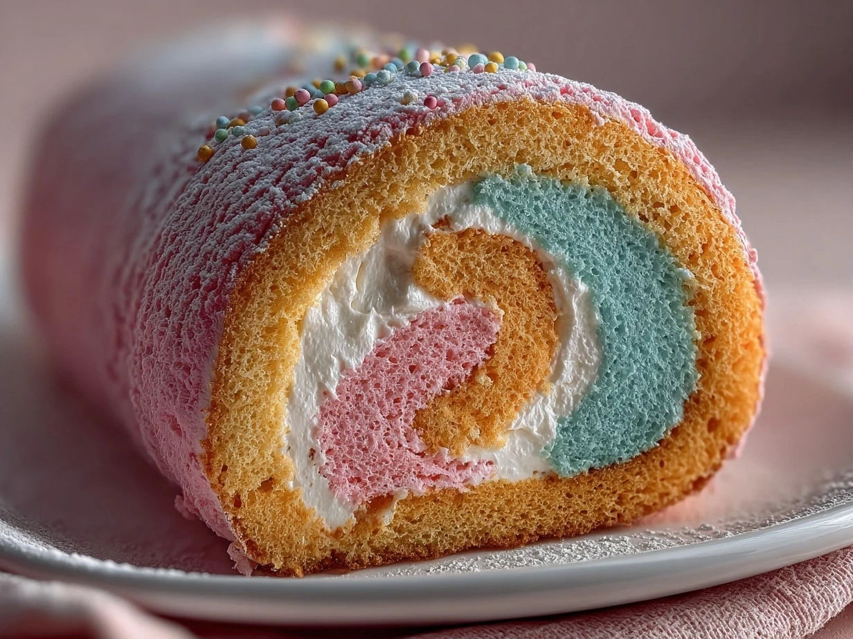 Finished Cotton Candy Swiss Cake Roll showing the light pink roll with creamy whipped filling