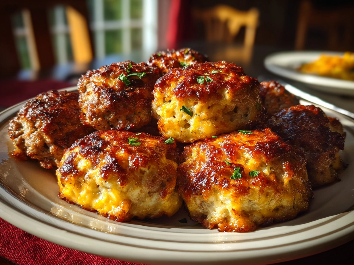 Close up of finished golden cream cheese sausage balls on a plate ready to serve
