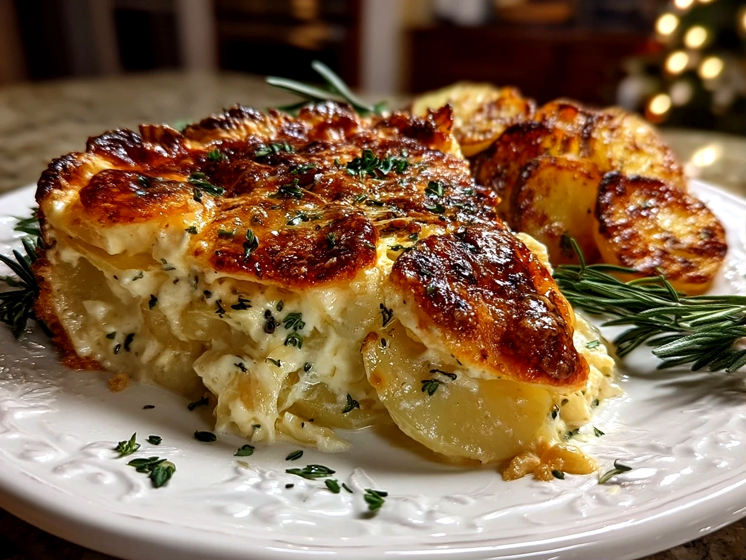 Close up of finished creamy scalloped potatoes with golden top and melting cheese