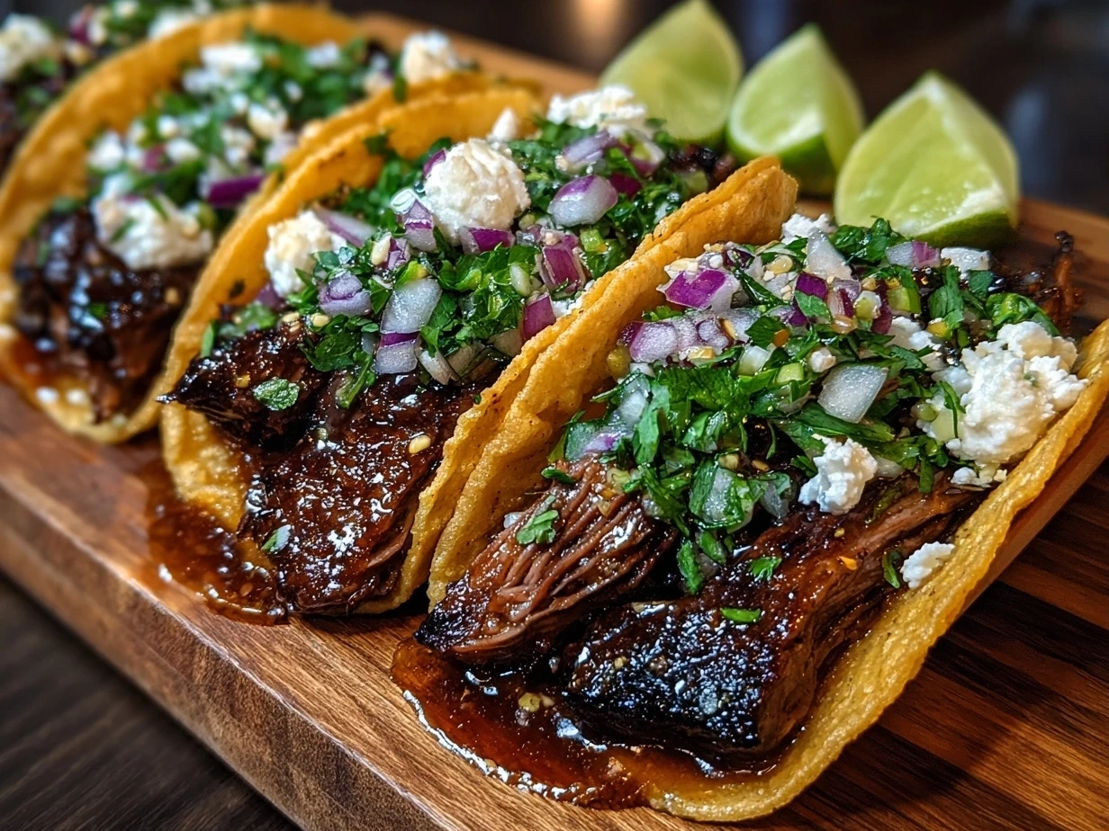 Finished delicious beef short rib tacos served with fresh garnishes