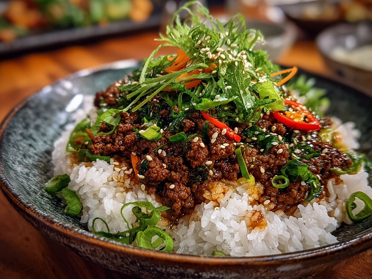 Close-up of finished Ground Beef Bulgogi with sesame seeds and green onions garnish