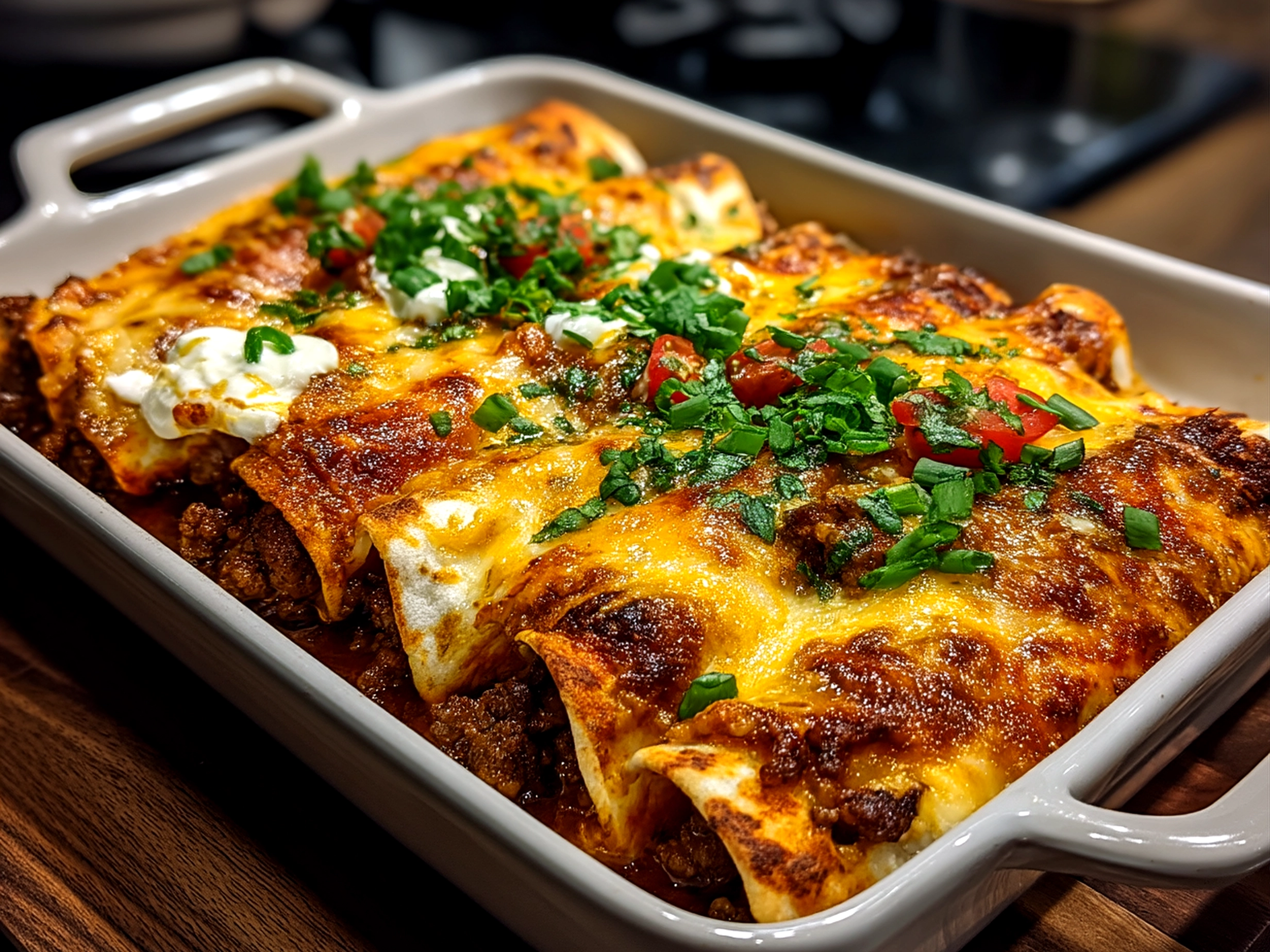 Close-up of freshly baked Ground Beef Enchiladas topped with melted cheese and cilantro garnish