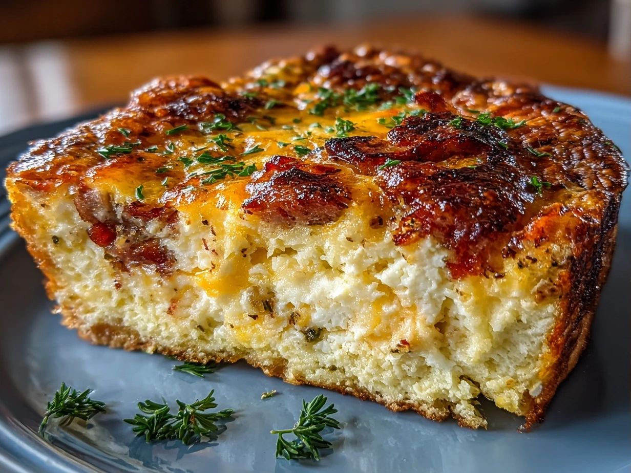Close-up of finished homemade cheesy breakfast casserole with melted cheese and fresh chives