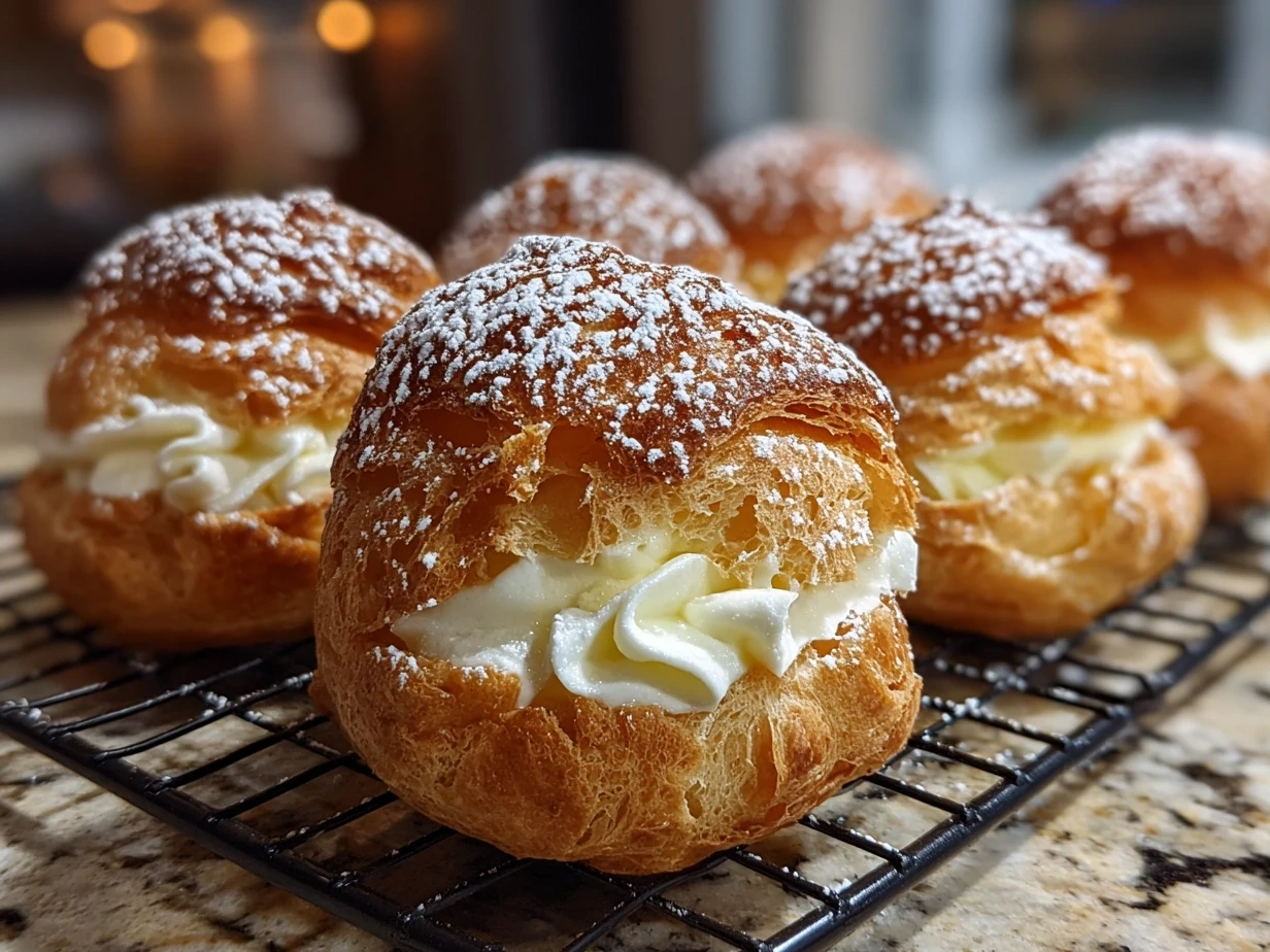 Close up of finished homemade cream puffs showing golden puff pastry with vanilla cream filling