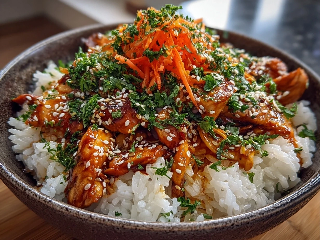 Close-up of a honey sriracha chicken rice bowl with glossy chicken, sliced scallions, and sesame seeds