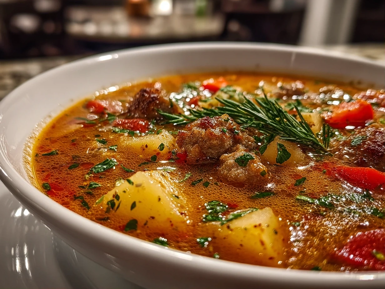 Finished bowl of Italian Sausage and Potato Soup garnished with parsley.