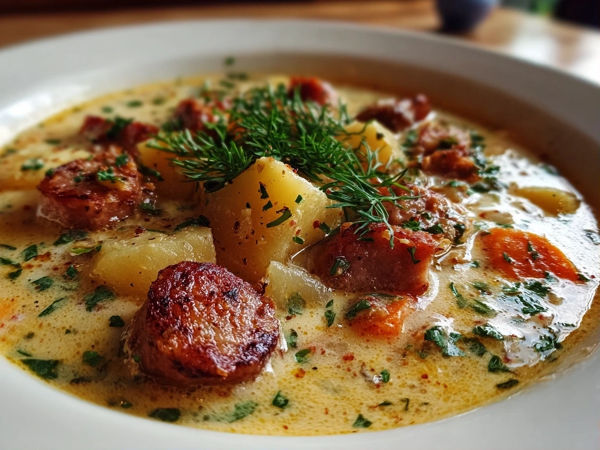 A bowl of finished Kielbasa Potato Soup garnished with fresh parsley.