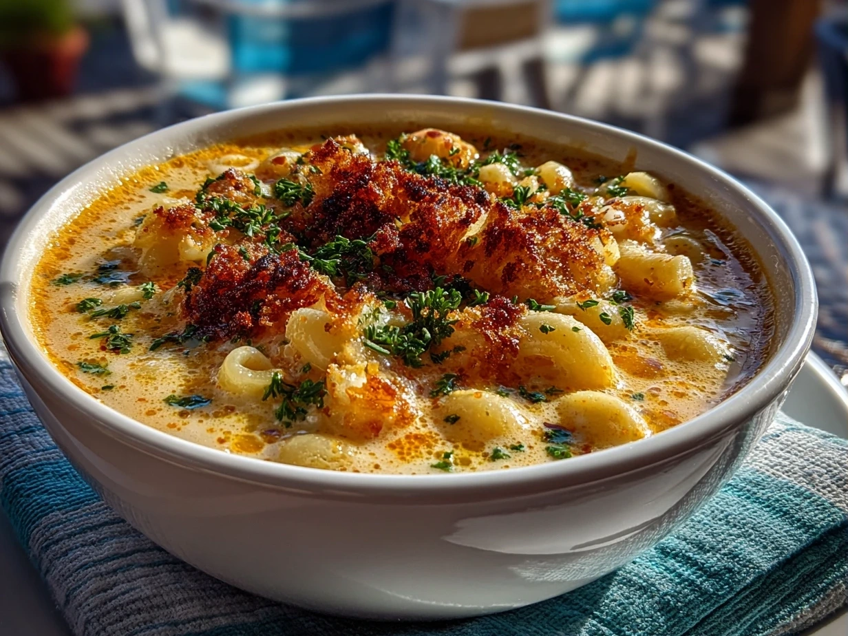A close-up of a bowl of Mac and Cheese Soup with a creamy, cheesy texture.