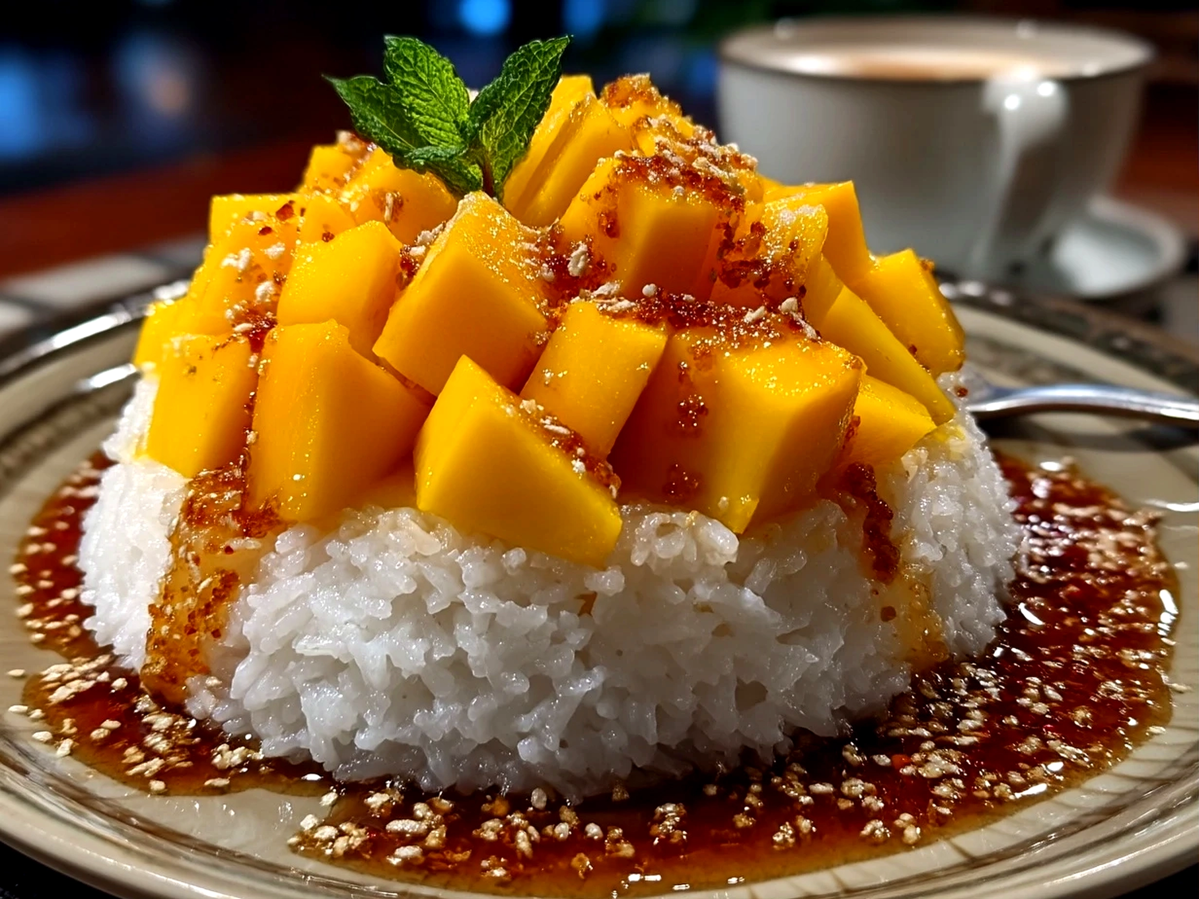 Close-up of finished Mango Sticky Rice served with sliced mango