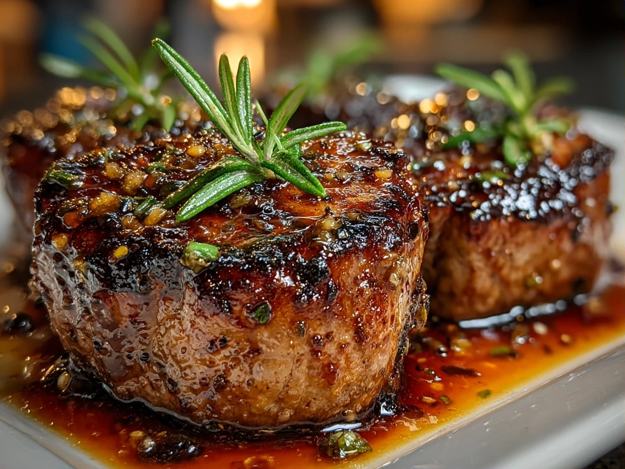 Close-up of finished maple Dijon glazed beef tenderloin slices garnished with fresh rosemary