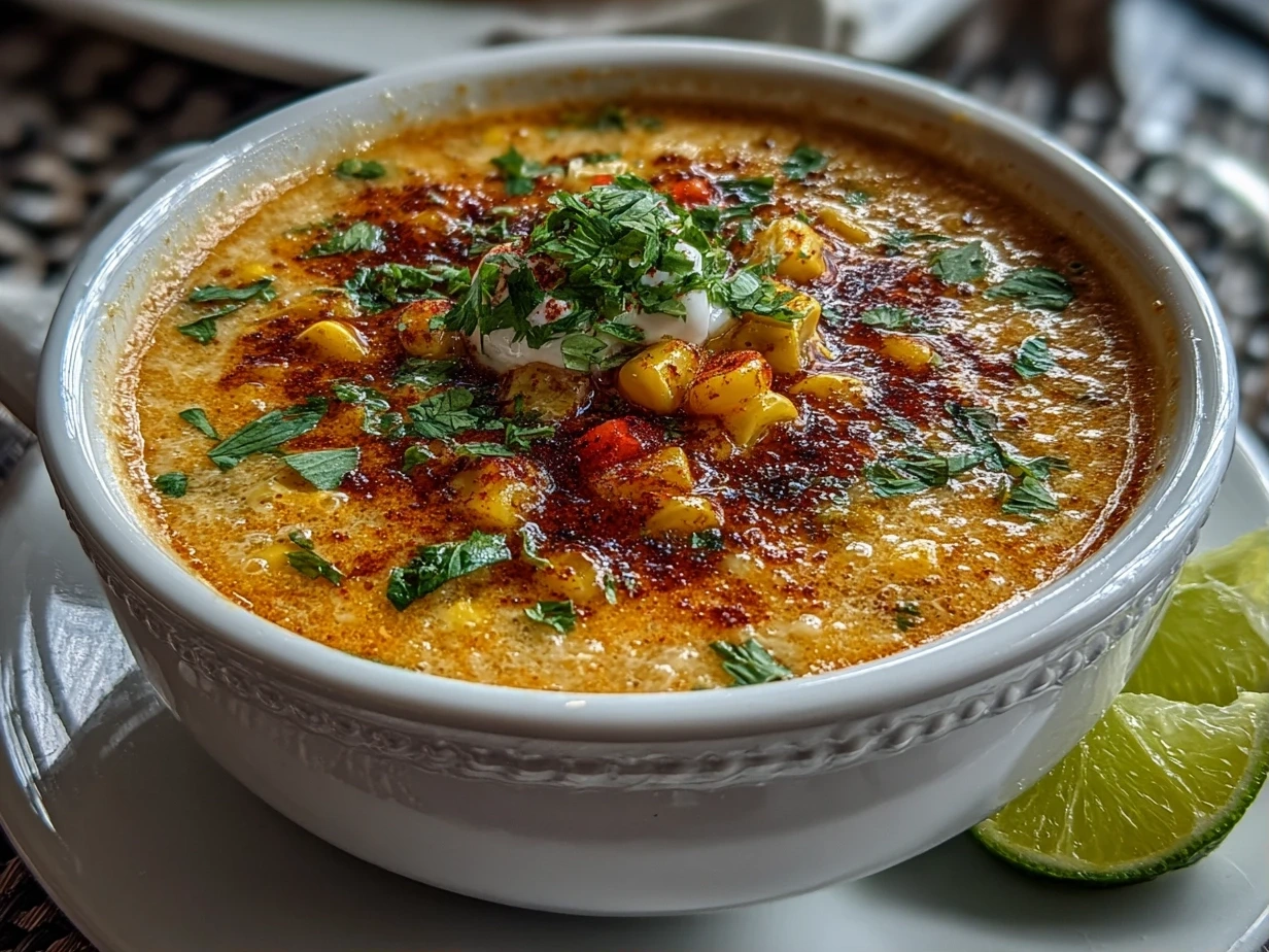 Finished Mexican Street Corn Soup garnished with cilantro and cotija cheese.