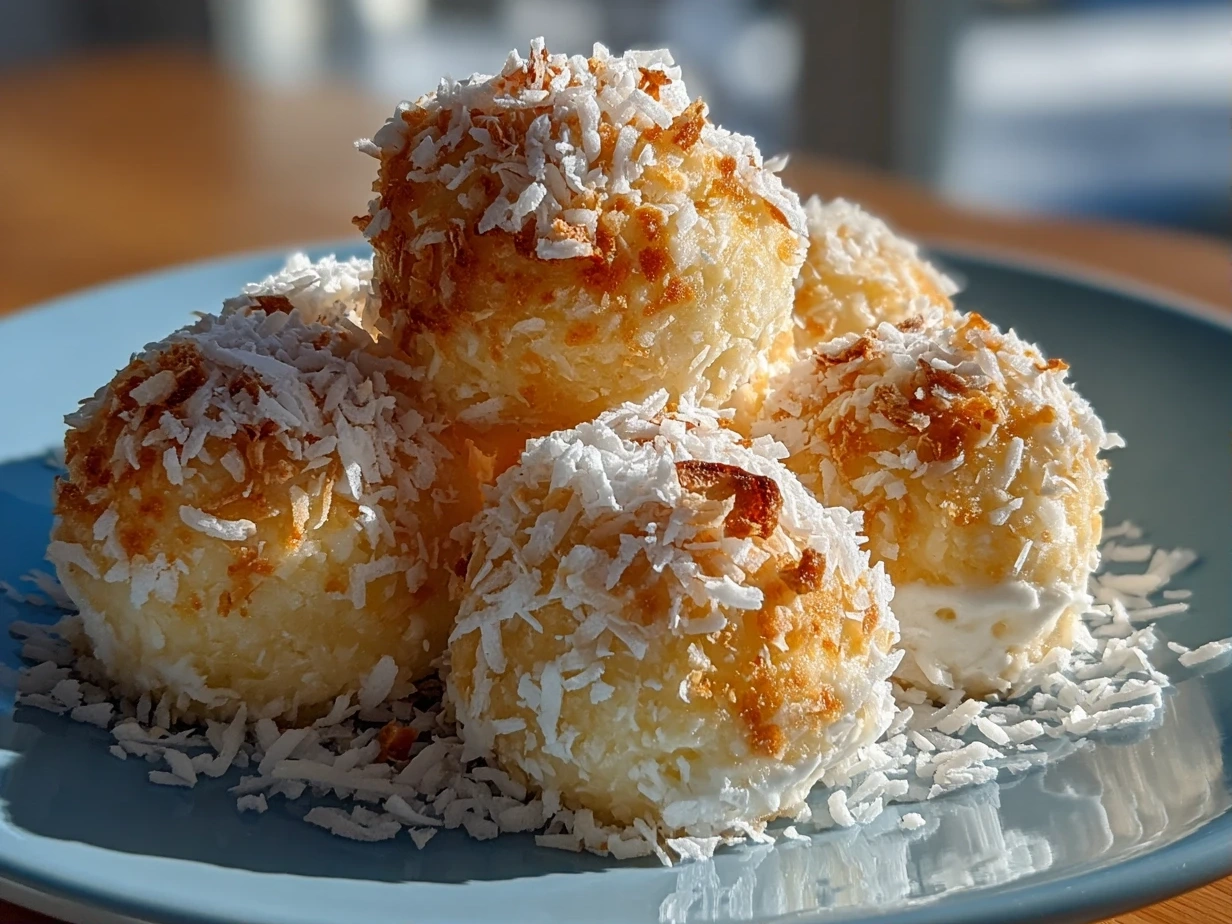 Close-up of finished No-Bake Coconut Balls with Cream Cheese showing creamy texture and shredded coconut coating