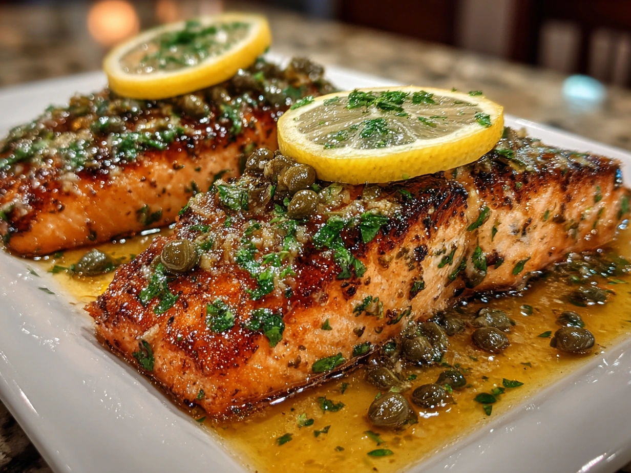 Beautifully plated Salmon Piccata with lemon slices, capers, and fresh parsley, ready to be served.