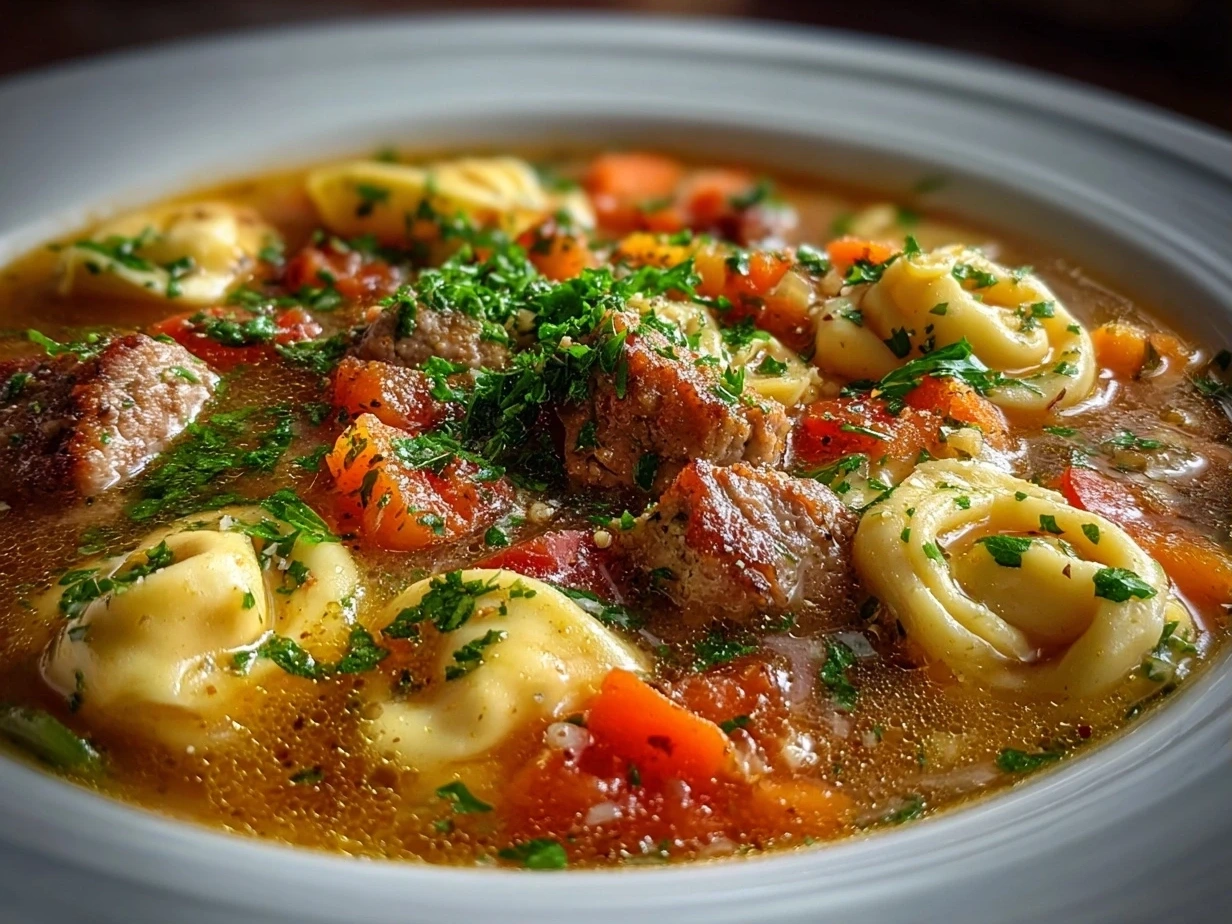 Close up of finished Sausage and Tortellini Soup in a bowl with basil and Parmesan cheese