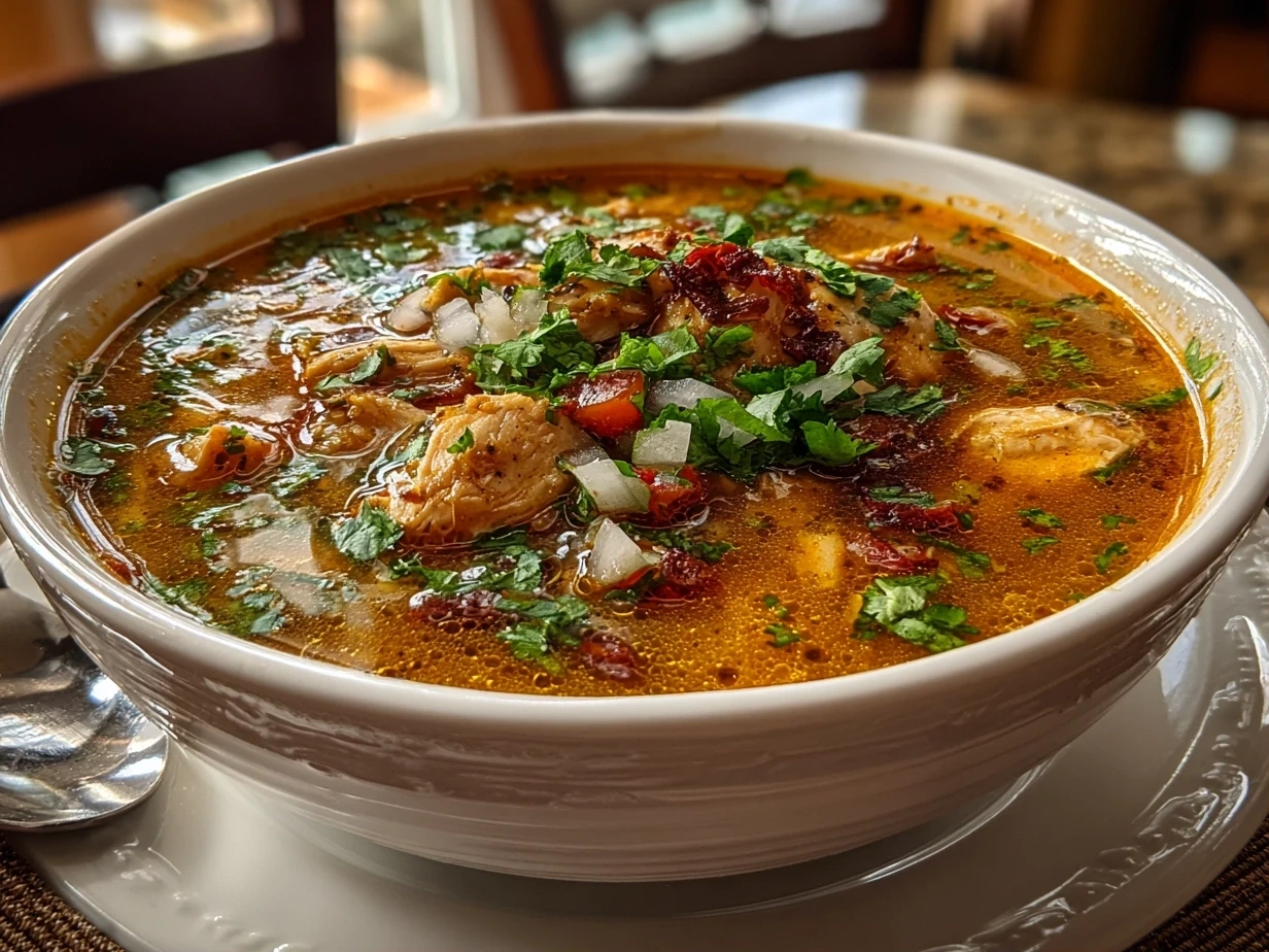 Finished Southwest Chicken Soup in a bowl with toppings.