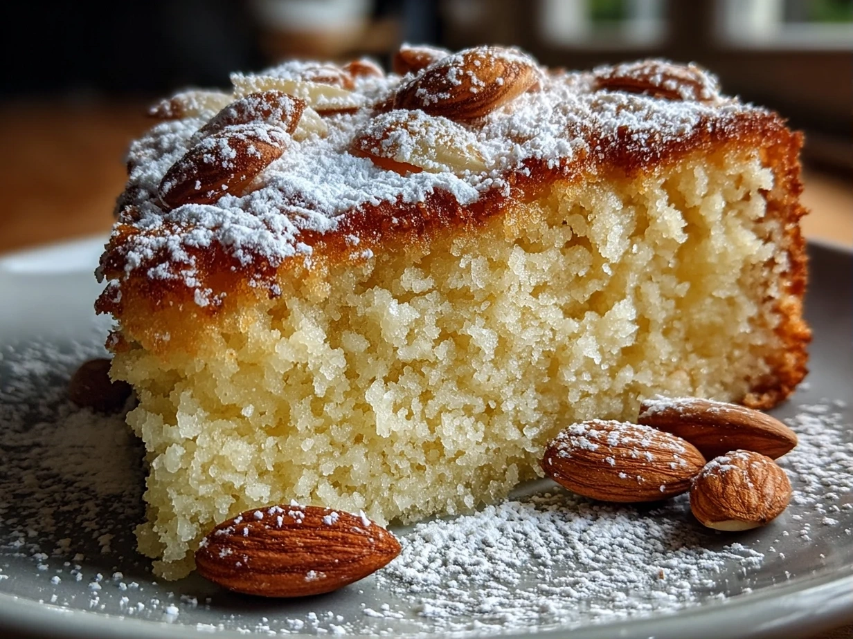 Finished White Almond Cake on a serving plate ready to be enjoyed