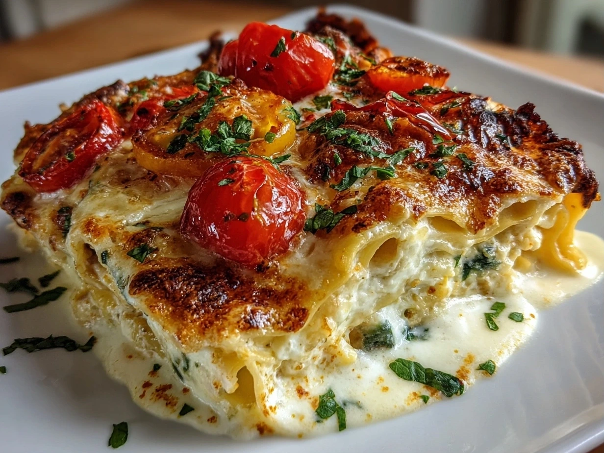 Close up of finished White Lasagna Soup with fresh basil and parmesan