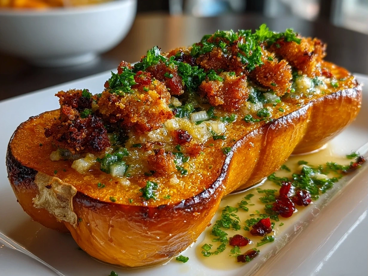 Close-up of finished Simanim Stuffed Butternut Squash on a serving plate, looking warm and mouthwatering
