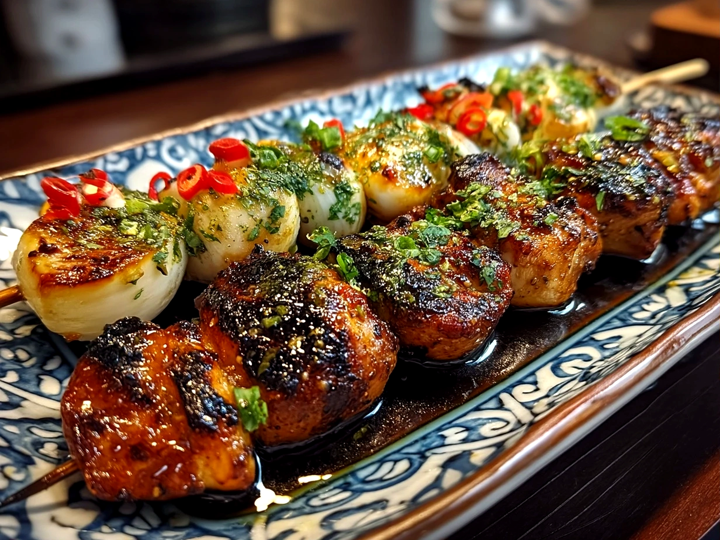 Close up of freshly prepared Japanese Yakitori Grilled Chicken, mouthwatering and ready to serve