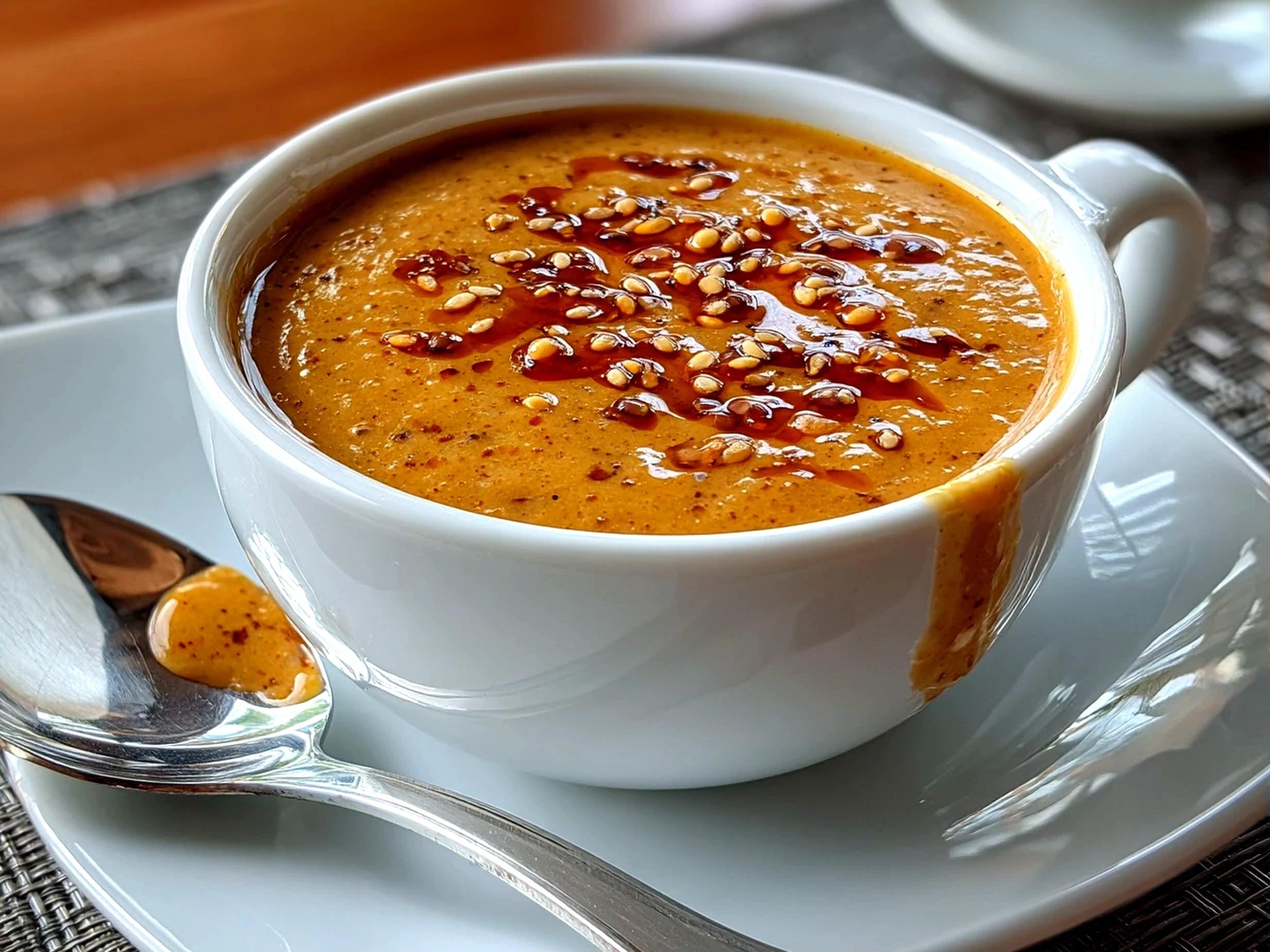 Food blogger, taken with iPhone 16 Pro. Close-up slight angle of freshly prepared peanut sauce on white plate. Mouthwatering --ar 4:3 --style raw --s 230