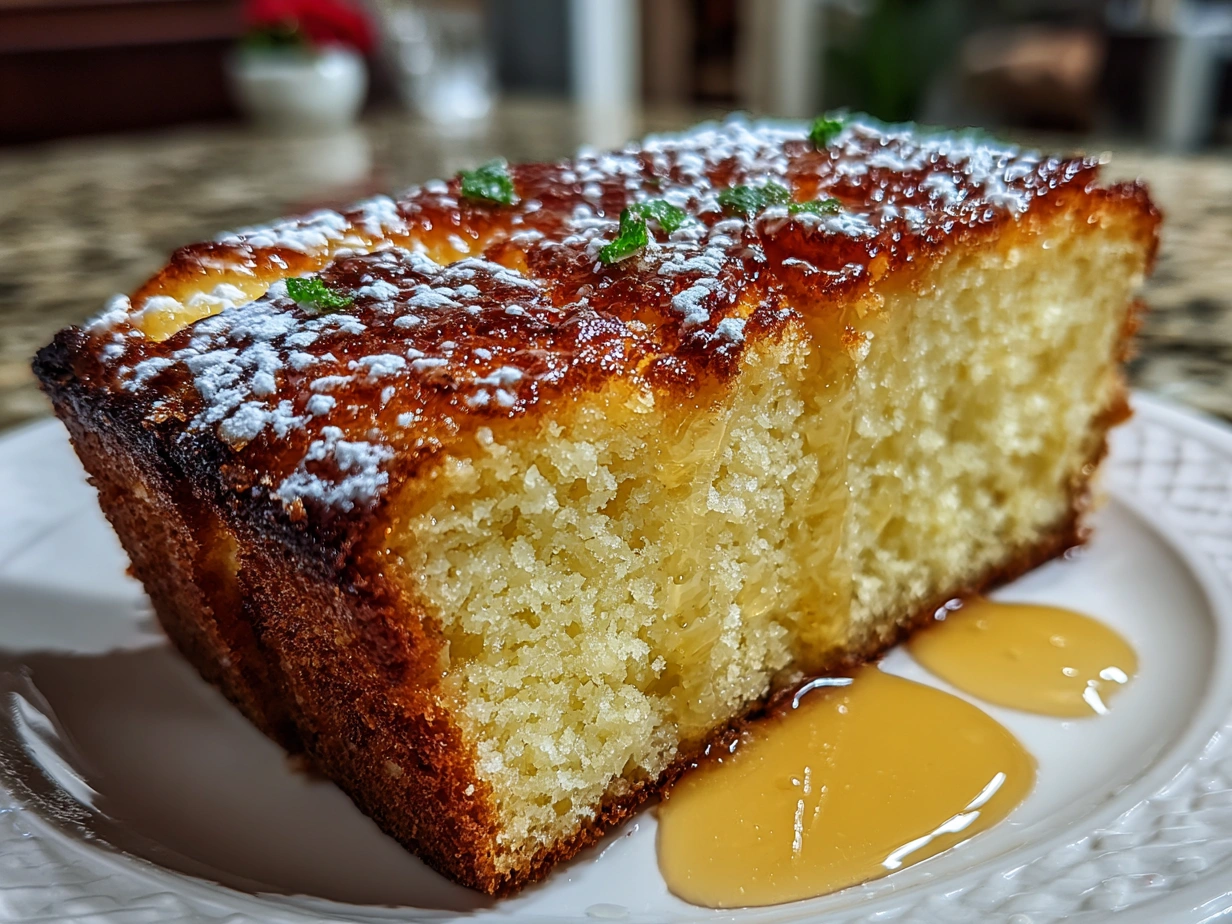 Final French Butter Cake slice ready to serve, golden crust and moist crumb visible