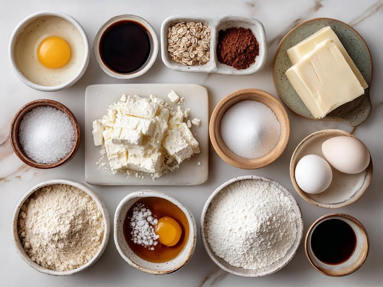 Ingredients for a moist French Butter Cake including butter, sugar, eggs, flour, milk, and vanilla