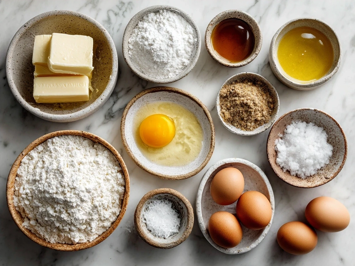 Ingredients for French Toast Casserole including bread, eggs, milk, spices, and nuts